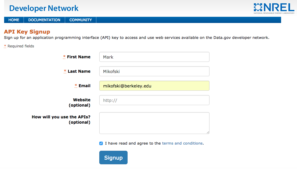 NREL Developer API Key Signup